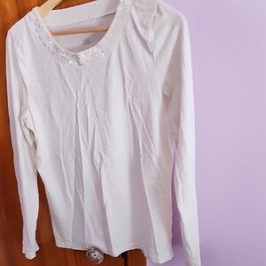 Talbots White Long Sleeve Top with Embellished Neckline